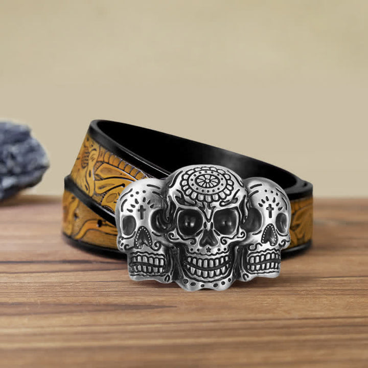 Ceinture en cuir à boucle triple tête de mort pour homme