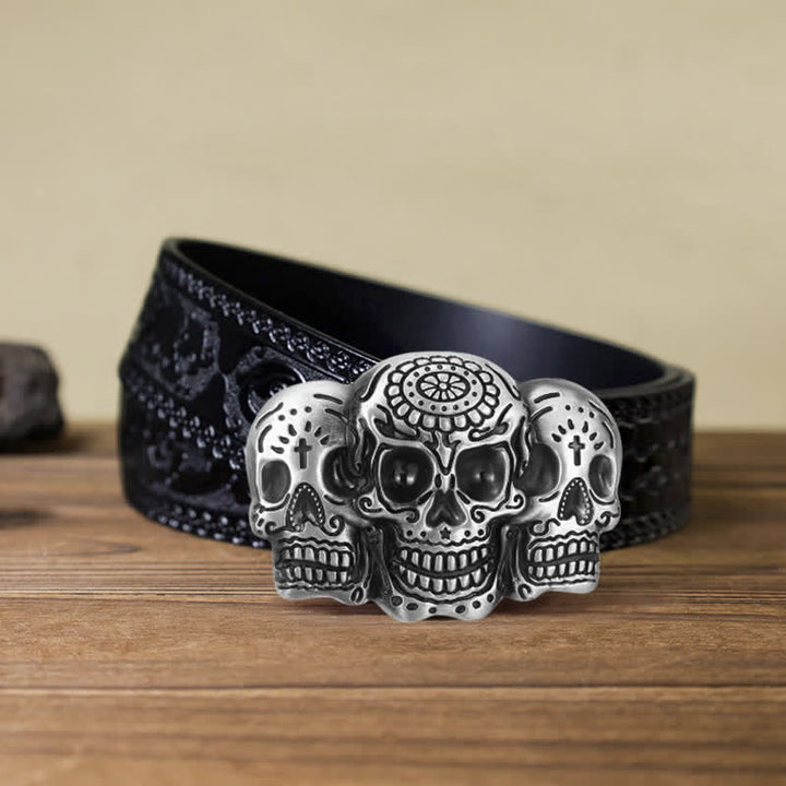 Ceinture en cuir à boucle triple tête de mort pour homme
