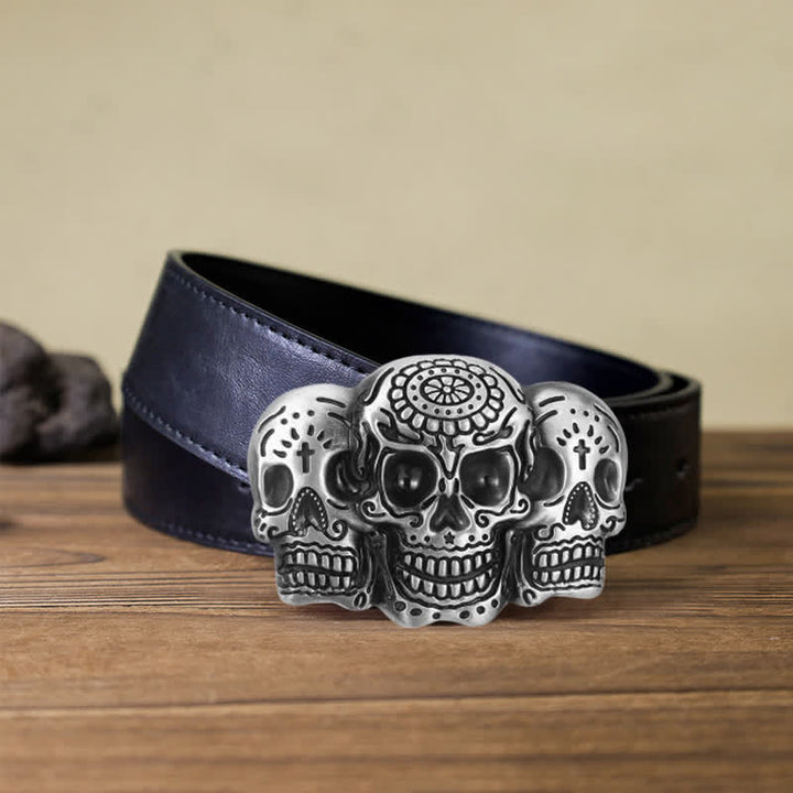 Ceinture en cuir à boucle triple tête de mort pour homme