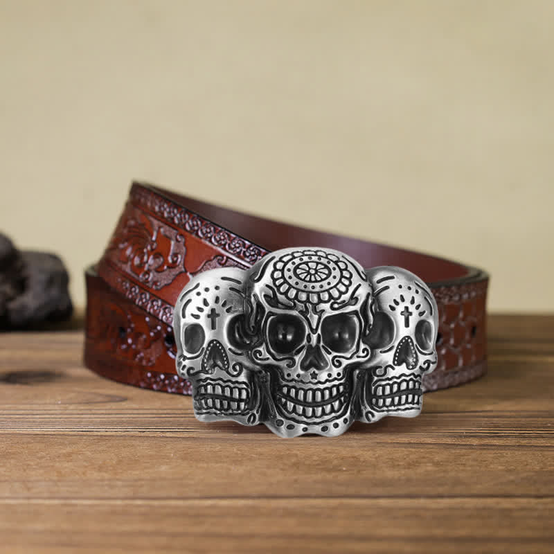Ceinture en cuir à boucle triple tête de mort pour homme