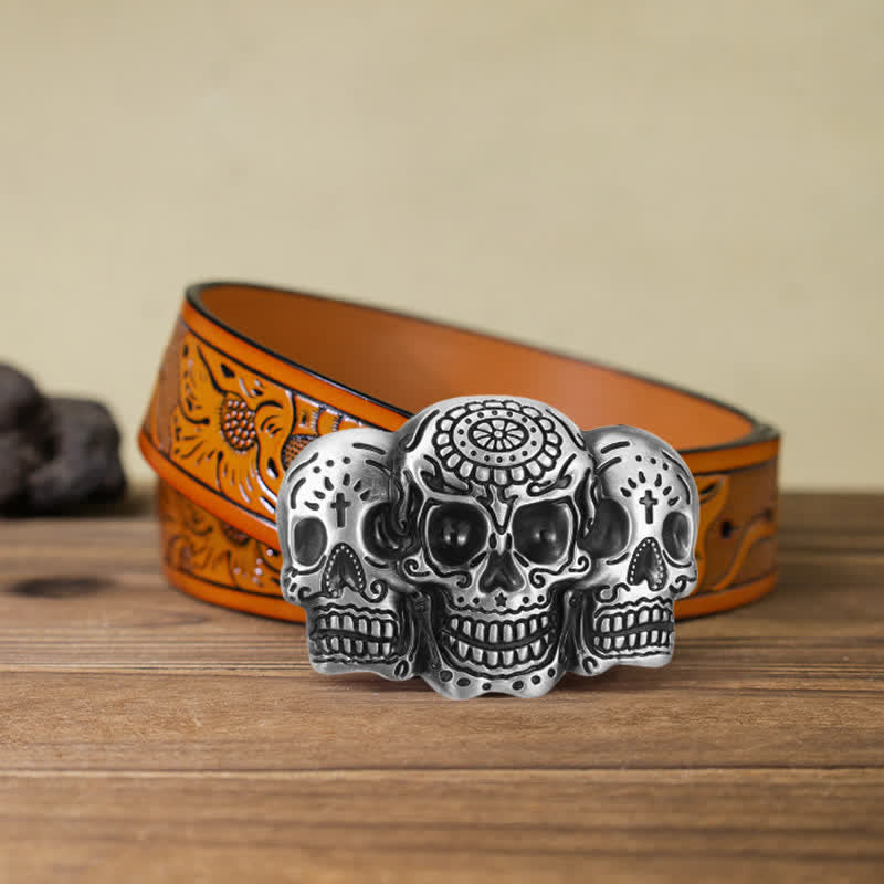 Ceinture en cuir à boucle triple tête de mort pour homme