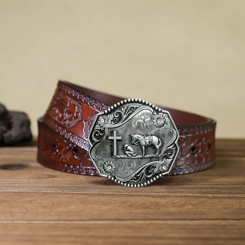 Ceinture en cuir à boucle hexagonale pour prière à genoux pour hommes