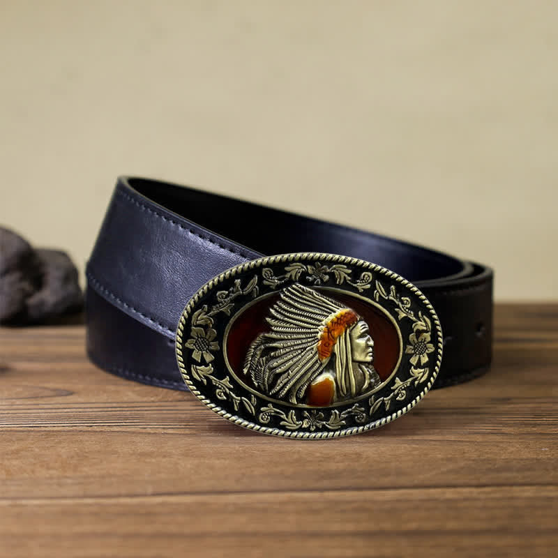Ceinture en cuir à boucle tribale pour homme avec motif de chef indien