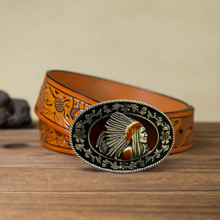Ceinture en cuir à boucle tribale pour homme avec motif de chef indien