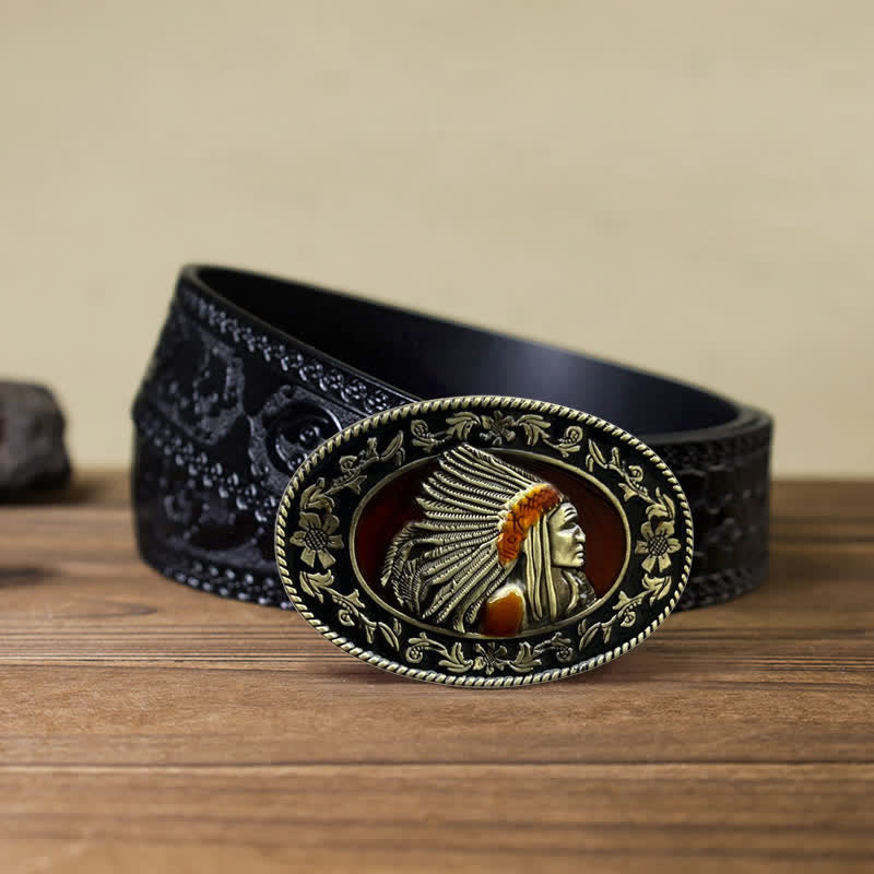 Ceinture en cuir à boucle tribale pour homme avec motif de chef indien