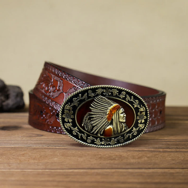 Ceinture en cuir à boucle tribale pour homme avec motif de chef indien