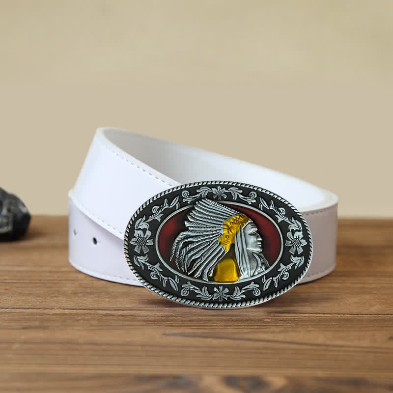 Ceinture en cuir à boucle tribale pour homme avec motif de chef indien