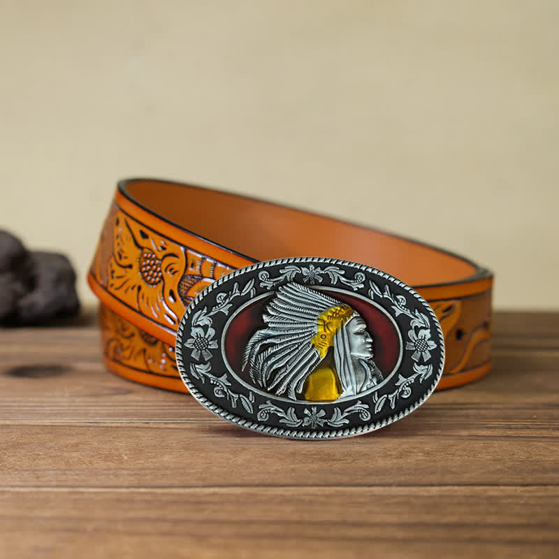 Ceinture en cuir à boucle tribale pour homme avec motif de chef indien