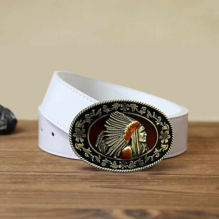 Ceinture en cuir à boucle tribale pour homme avec motif de chef indien