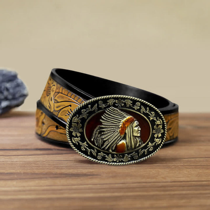 Ceinture en cuir à boucle tribale pour homme avec motif de chef indien