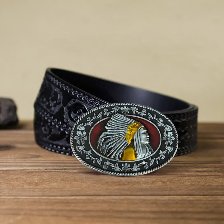 Ceinture en cuir à boucle tribale pour homme avec motif de chef indien
