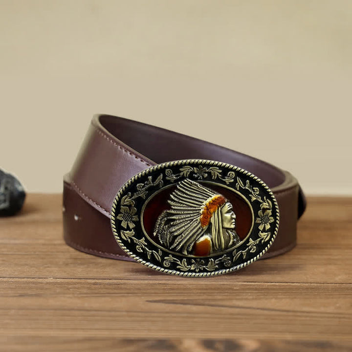 Ceinture en cuir à boucle tribale pour homme avec motif de chef indien
