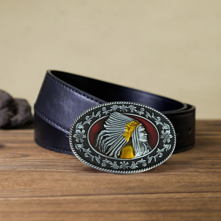 Ceinture en cuir à boucle tribale pour homme avec motif de chef indien