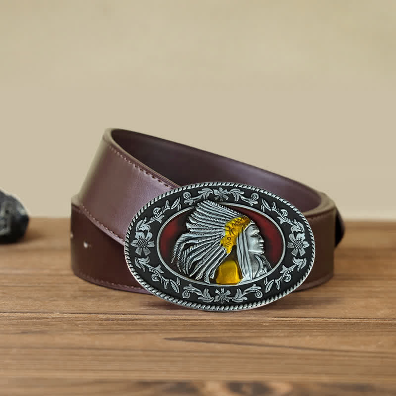 Ceinture en cuir à boucle tribale pour homme avec motif de chef indien