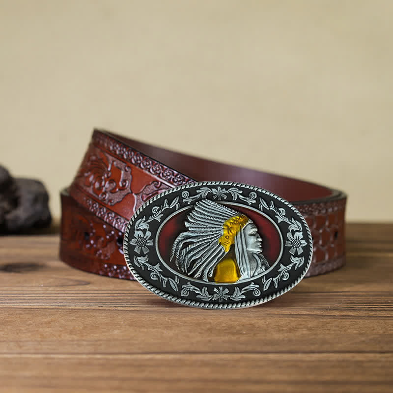 Ceinture en cuir à boucle tribale pour homme avec motif de chef indien