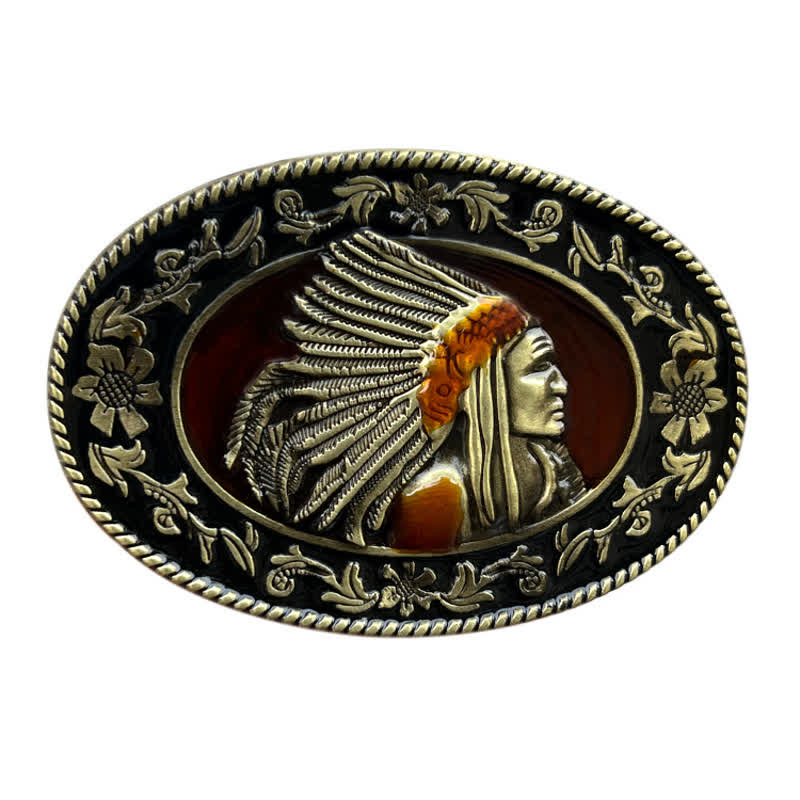 Ceinture en cuir à boucle tribale pour homme avec motif de chef indien