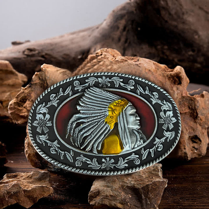 Ceinture en cuir à boucle tribale pour homme avec motif de chef indien