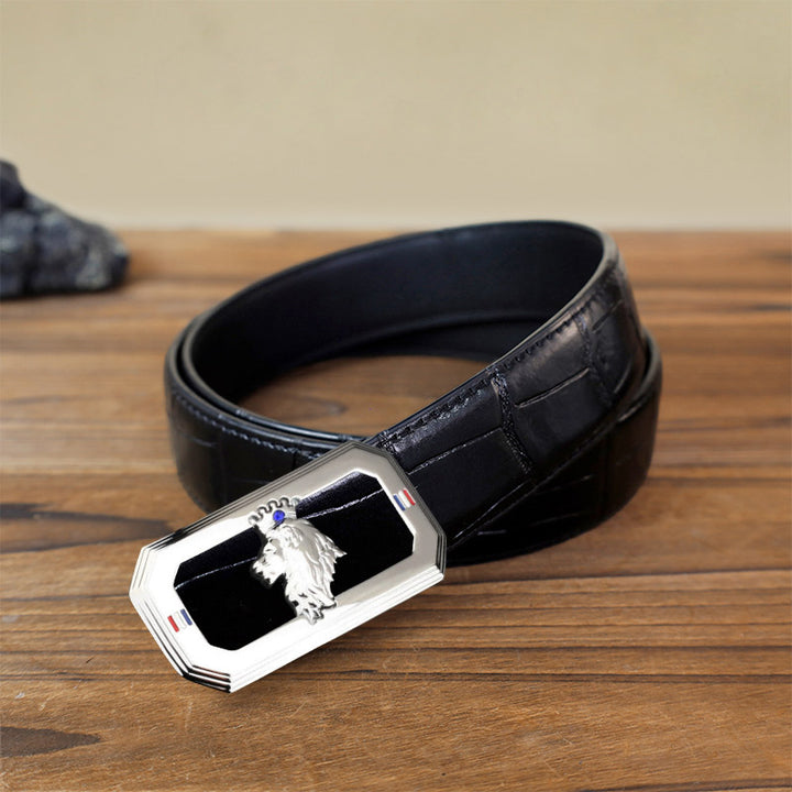 Ceinture en cuir à boucle automatique pour homme avec tête de lion - Argent - Ceinture noire à motif crocodile (40) - image 8