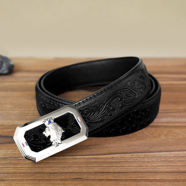 Ceinture en cuir à boucle automatique pour homme avec tête de lion - Argent - Ceinture noire à motifs sculptés (40) - image 11