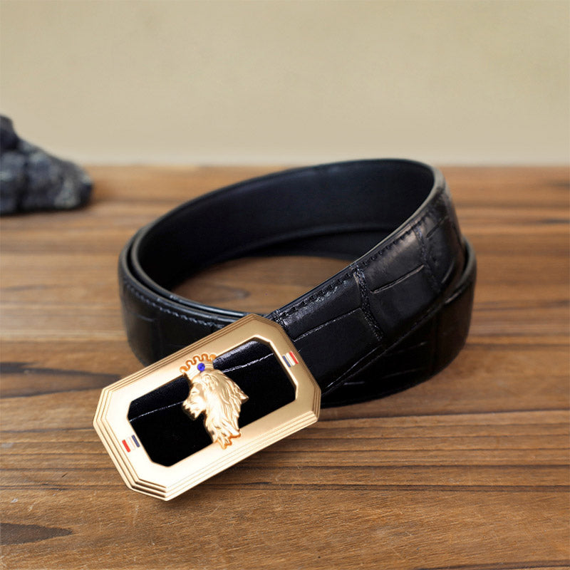 Ceinture en cuir à boucle automatique pour homme avec tête de lion - Or - Ceinture noire à motif crocodile (40) - image 2