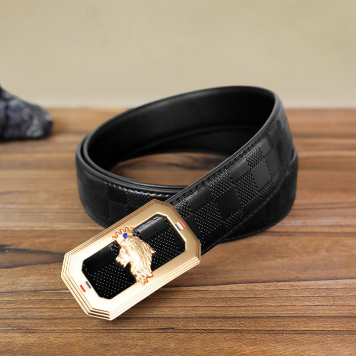 Ceinture en cuir à boucle automatique pour homme avec tête de lion - Or - Ceinture à carreaux noirs (40) - image 6