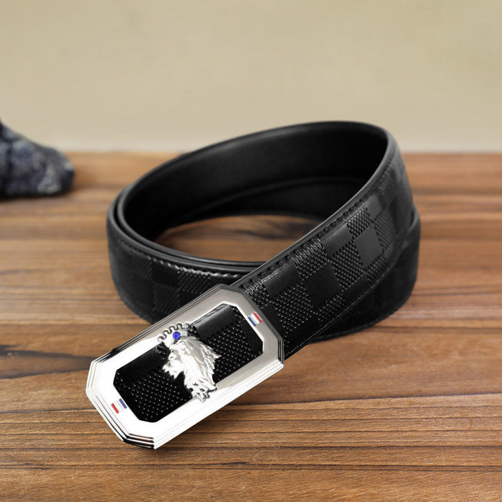 Ceinture en cuir à boucle automatique pour homme avec tête de lion - Argent - Ceinture à carreaux noirs (40) - image 12