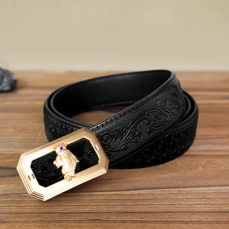 Ceinture en cuir à boucle automatique pour homme avec tête de lion - Or - Ceinture noire à motifs sculptés (40) - image 5