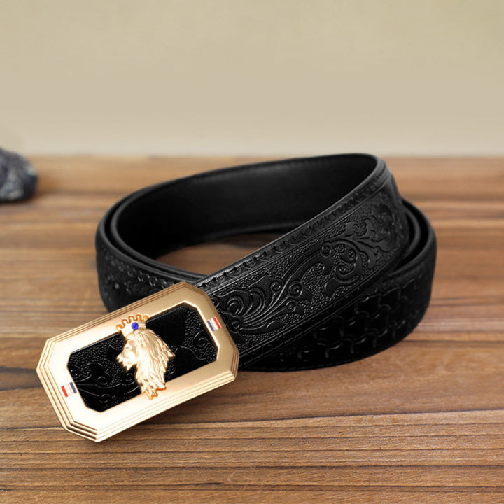Ceinture en cuir à boucle automatique pour homme avec tête de lion - Or - Ceinture noire à motifs sculptés (40) - image 5
