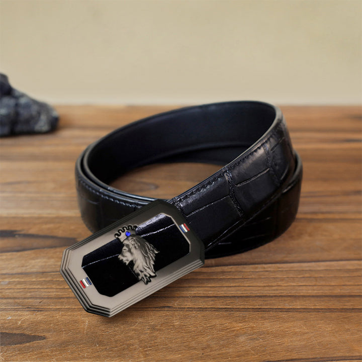 Ceinture en cuir à boucle automatique pour homme avec tête de lion - Gris - Ceinture noire à motif crocodile (40) - image 14