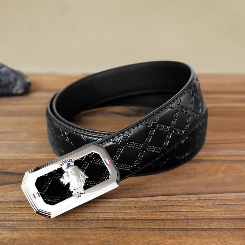 Ceinture en cuir à boucle automatique pour homme avec tête de lion - Argent - Ceinture à motif diamant noir (40) - image 9