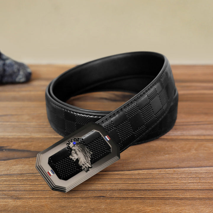 Ceinture en cuir à boucle automatique pour homme avec tête de lion - Gris - Ceinture à carreaux noirs (40) - image 18