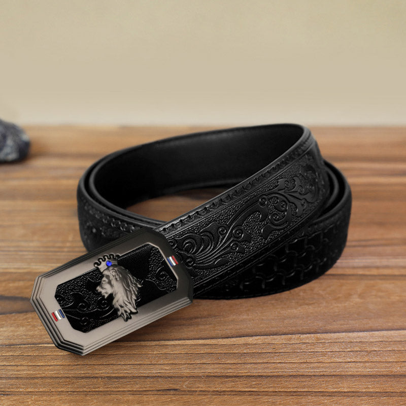 Ceinture en cuir à boucle automatique pour homme avec tête de lion - Gris - Ceinture noire à motifs sculptés (40) - image 17
