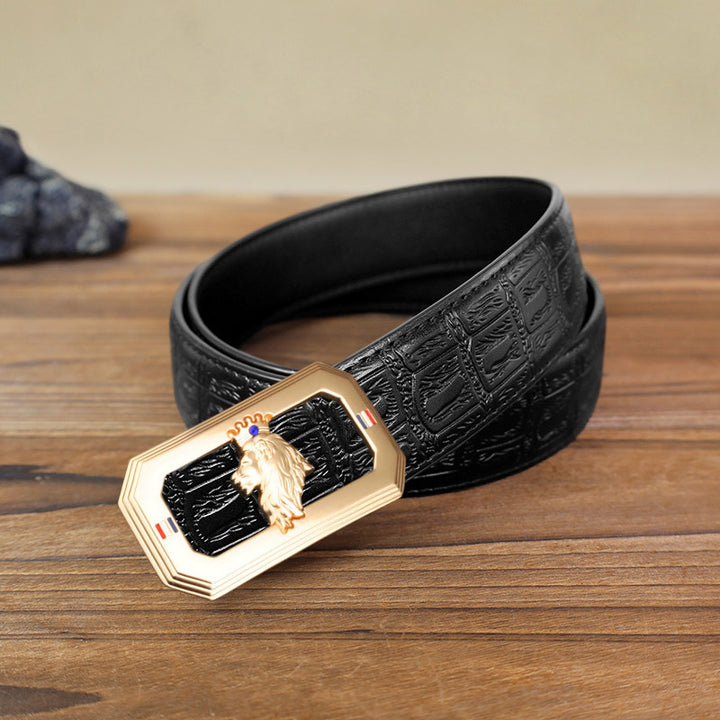 Ceinture en cuir à boucle automatique pour homme avec tête de lion - Or - Ceinture à motif serpent noir (40) - image 4