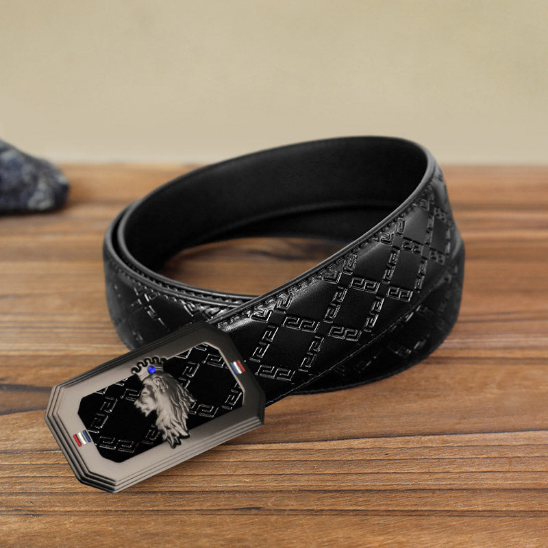 Ceinture en cuir à boucle automatique pour homme avec tête de lion - Gris - Ceinture à motif diamant noir (40) - image 15