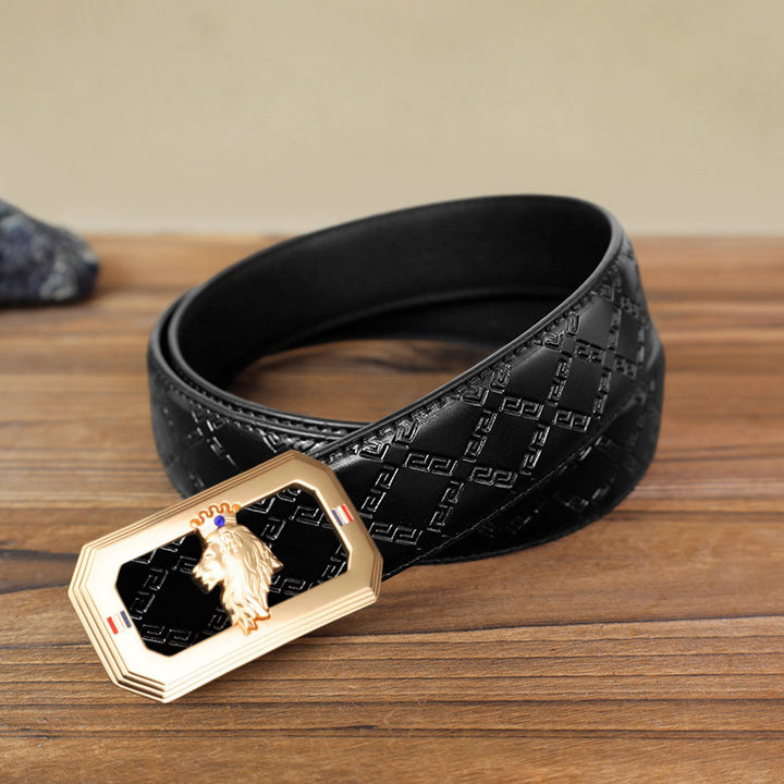Ceinture en cuir à boucle automatique pour homme avec tête de lion - Or - Ceinture à motif diamant noir (40) - image 3