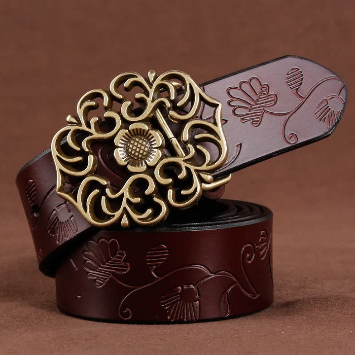 Ceinture en cuir gaufré à boucle creuse vintage pour femme