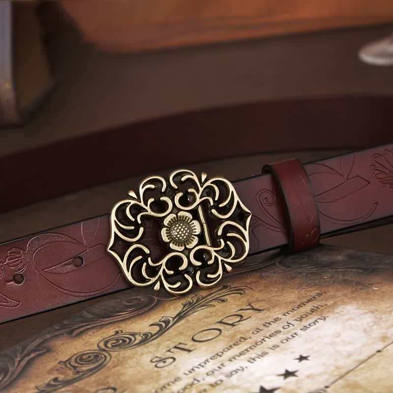 Ceinture en cuir gaufré à boucle creuse vintage pour femme