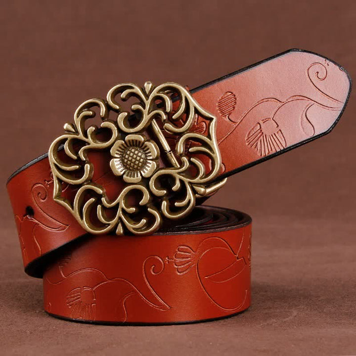 Ceinture en cuir gaufré à boucle creuse vintage pour femme