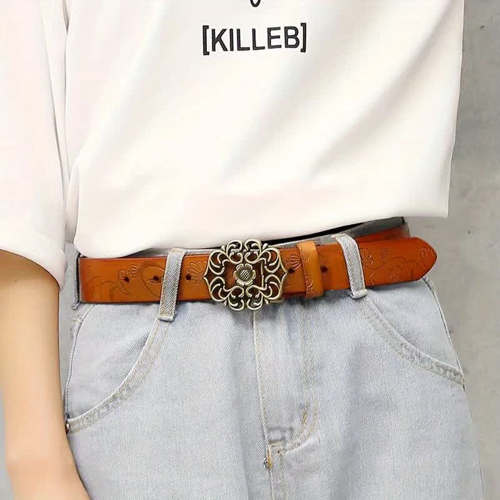 Ceinture en cuir gaufré à boucle creuse vintage pour femme