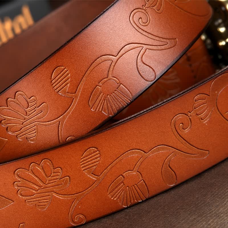 Ceinture en cuir gaufré à boucle creuse vintage pour femme