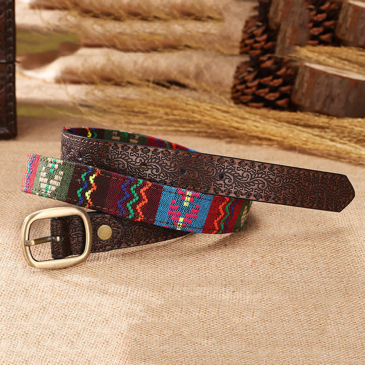 Ceinture en cuir ethnique avec broderie aztèque pour femme