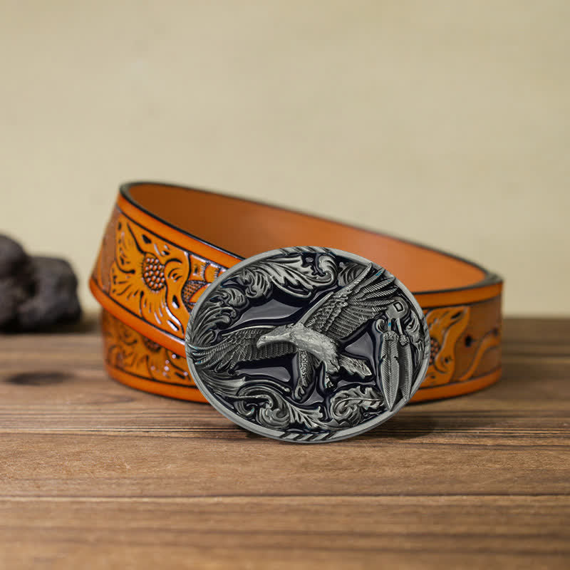 Ceinture en cuir à boucle ovale émaillée à motif feuille d'aigle pour homme