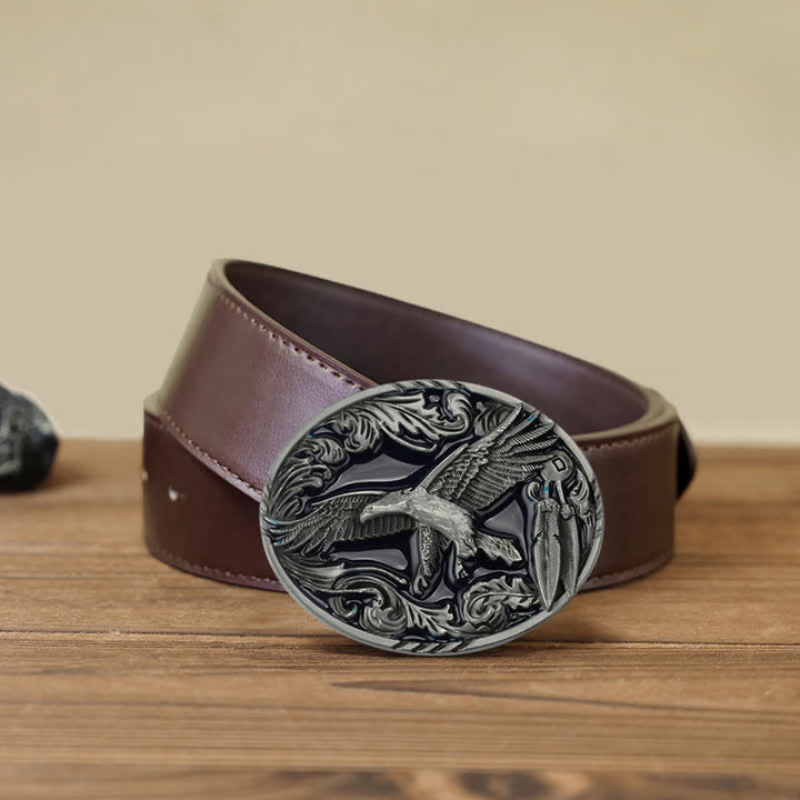 Ceinture en cuir à boucle ovale émaillée à motif feuille d'aigle pour homme