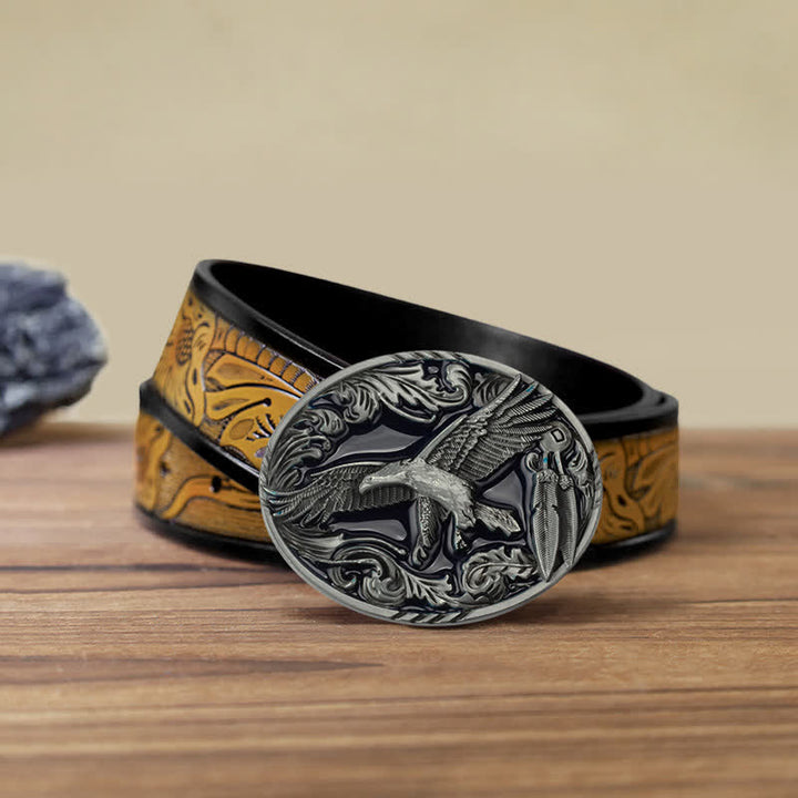 Ceinture en cuir à boucle ovale émaillée à motif feuille d'aigle pour homme