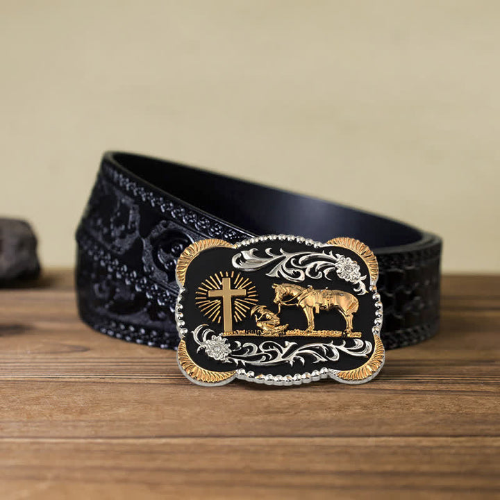 Ceinture en cuir avec boucle de prière dorée pour homme
