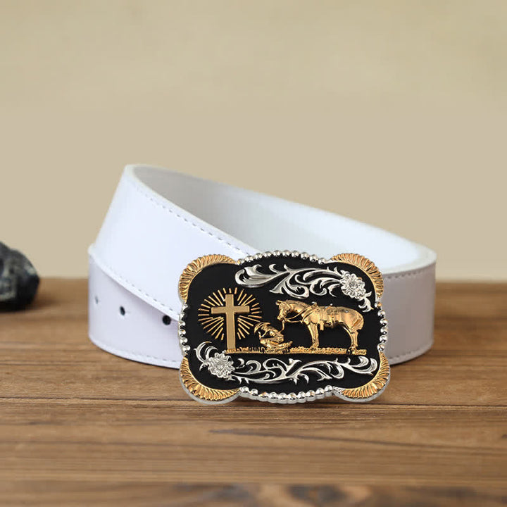 Ceinture en cuir avec boucle de prière dorée pour homme