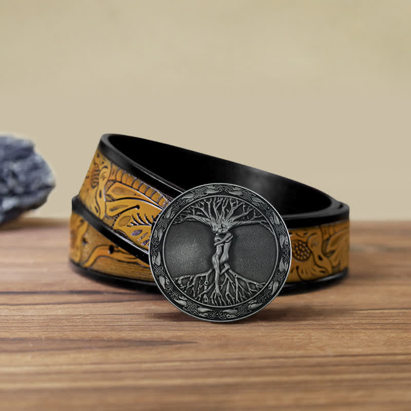 Ceinture en cuir à boucle en orme et frêne pour homme avec arbre de vie