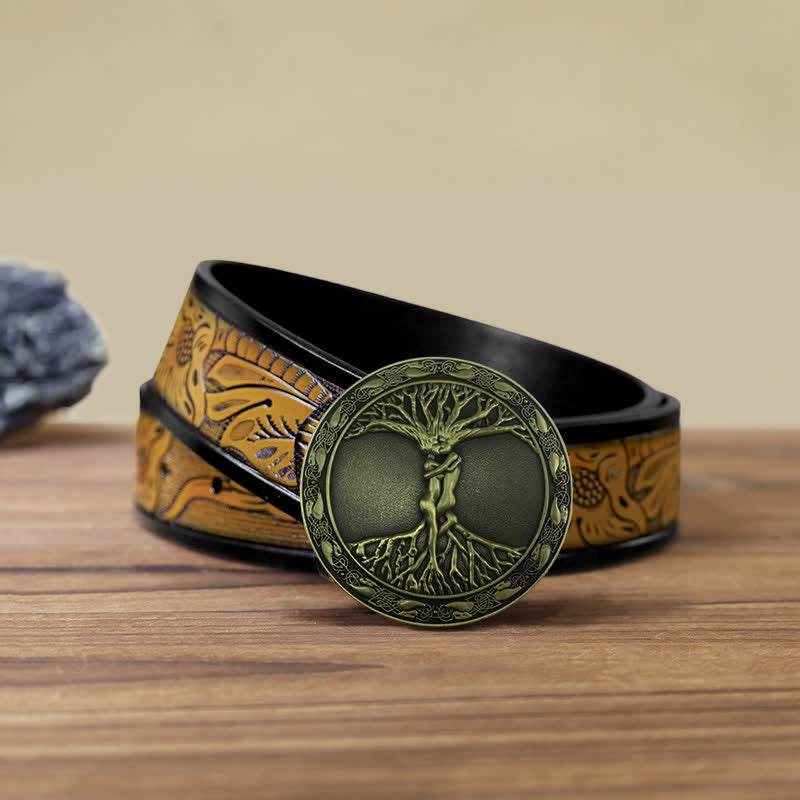 Ceinture en cuir à boucle en orme et frêne pour homme avec arbre de vie