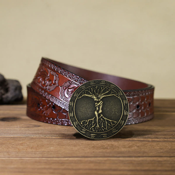 Ceinture en cuir à boucle en orme et frêne pour homme avec arbre de vie