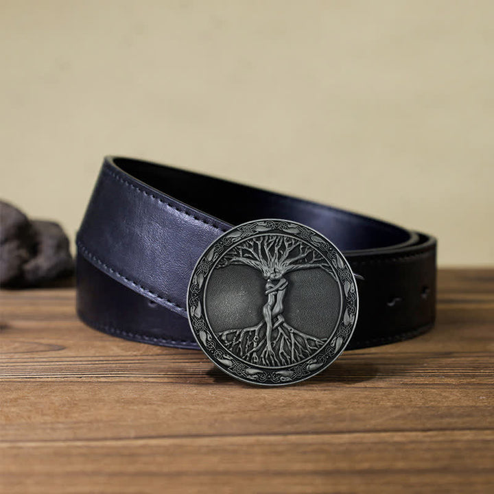 Ceinture en cuir à boucle en orme et frêne pour homme avec arbre de vie